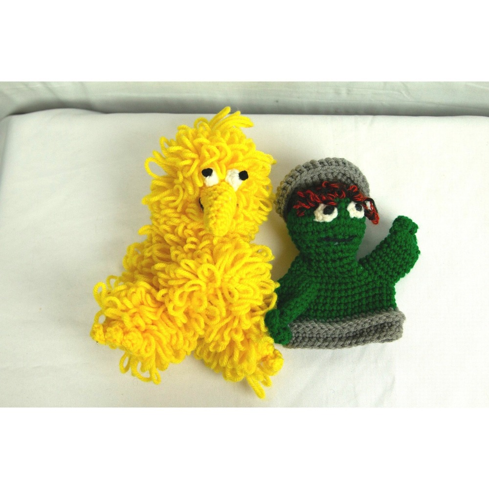 Handmade Crochet Sesame Street Inspired Hand Puppets Big Bird Oscar the Grouch